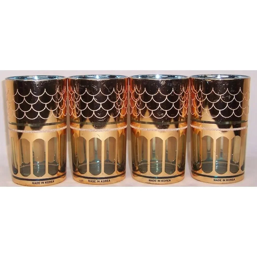 Vintage MCM 8pc Curated 6 oz Bar Glass Set Made in Korea with Wire Caddy